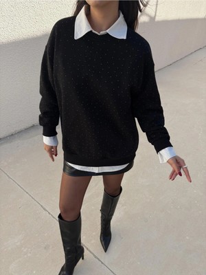 Minaaise Kadın Siyah Taşlı Oversize Sweatshirt 30067