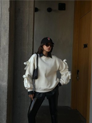 Minaaise Kadın Ekru 3 Iplik Şardonlu Geniş Kesim Kurdele Detaylı Sweatshirt 28318