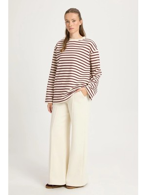 Minaaise Kadın Çizgili Oversize Basic Sweatshirt Bordo Krem 30010