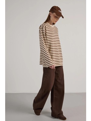 Minaaise Kadın Çizgili Oversize Kahve Krem Sweatshirt 30010