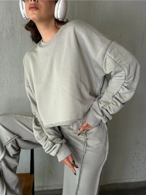 Minaaise Kadın Boyama Gri Kolları Büzgülü Pis Dikişli Şardonsuz Sweatshirt 28062