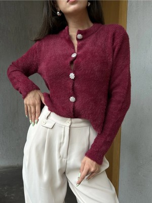 Minaaise Kadın Bordo Yumuşak Dokulu Hırka Taşlı Düğme Detaylı 5559