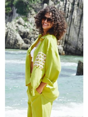 Minaaise Minaaise Yağ Yeşili Aksesuarlı Oversize Keten Gömlek 27079