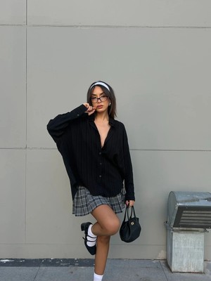 Minaaise Siyah Oversize Geniş Manşetli Kadın Gömlek 27384