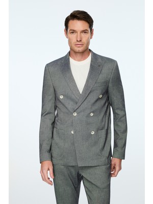 Morven  Erkek Marine Keten Trend Desenli Slim Fit Sivri Yaka Kruvaze Takım Elbise