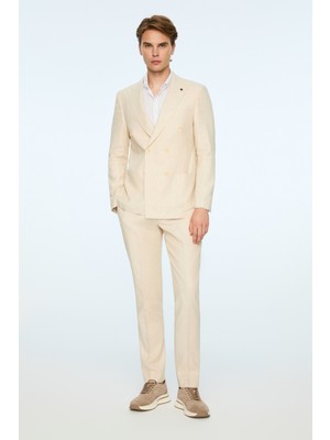 Morven  Erkek Bej Keten Trend Desenli Slim Fit Sivri Yaka Kuruvaze Takım Elbise