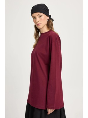 Minaaise Geniş Kol Oversize Basic T-shirt Bordo 30058