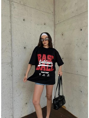 Minaaise Kadın Siyah %100 Pamuk Baskılı Oversize T-shirt 29179