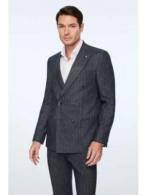 Morven  Erkek Lacivert Keten Trend Çizgili Slim Fit Sivri Yaka Kruvaze Takım Elbise