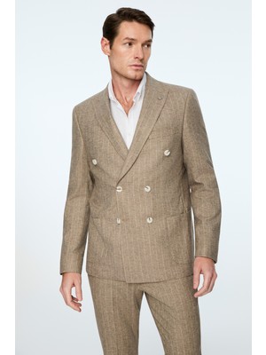 Morven  Erkek Yeşil Keten Trend Çizgili Slim Fit Sivri Yaka Kruvaze Takım Elbise