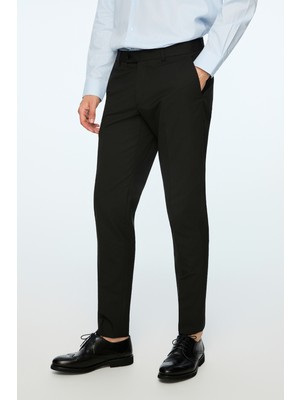 Morven  Erkek Siyah Poliviskon Basic Düz Slim Fit Pantolon