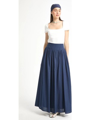 Minaaise Lacivert Beli Gipe Lastikli Vual Astarlı Uzun Etek 29269