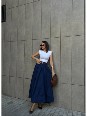 Minaaise Lacivert Poplin Beli Lastikli Uzun Etek 27321