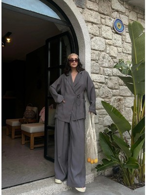 Minaaise Kadın Antrasit %100 Modal Kumaş Bağlamalı Oversize Ceket 29106
