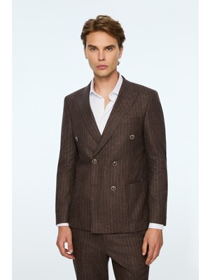 Morven  Erkek Kahve Keten Trend Çizgili Slim Fit Sivri Yaka Kruvaze Takım Elbise