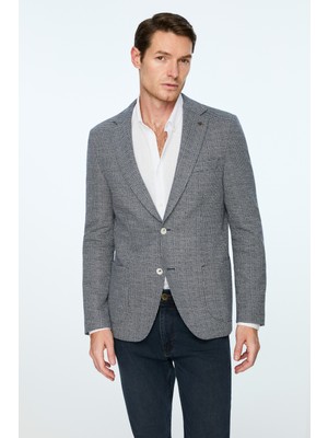 Morven  Erkek Lacivert Örme Trend Desenli Slim Fit Mono Yaka Ceket