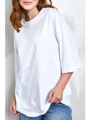 Minaaise Beyaz Oversize Basic Penye T-Shirt 25358