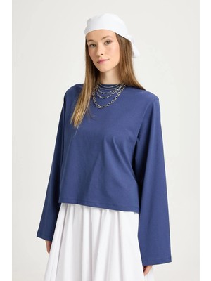 Minaaise Kadın Lacivert Geniş Kol Oversize Kısa Basic T-Shirt 30059