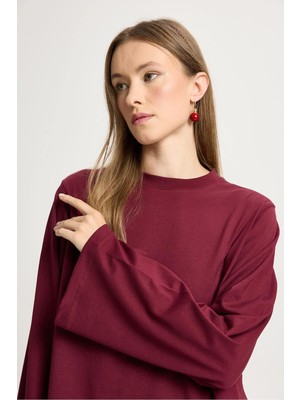 Minaaise Crop Geniş Kol Oversize Basic T-Shirt Bordo