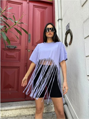 Minaaise Lila Püsküllü Penye Oversize T-Shirt 25436