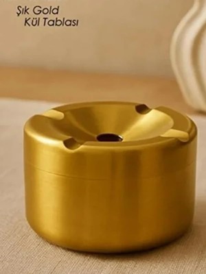Gold Kapaklı Kokusuz Paslanmaz Metal Küllük – Modern ve Şık Tasarım
