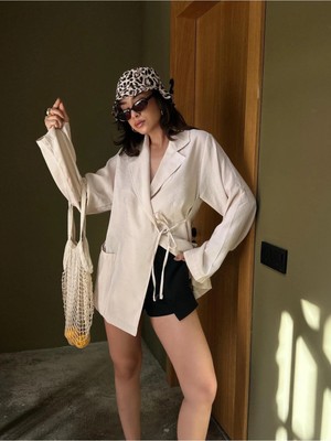 Minaaise Kadın Taş %100 Modal Kumaş Bağlamalı Oversize Ceket 29106