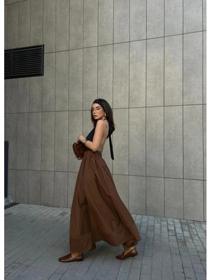 Minaaise Kahve Poplin Beli Lastikli Uzun Etek 27321