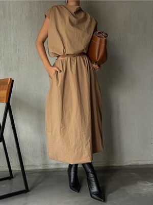 Minaaise Kadın Camel Beli Lastikli Astarlı Paraşüt Kumaş Balon Etek 28068