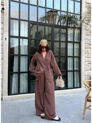 Minaaise Kadın Kahve %100 Modal Kumaş Bağlamalı Oversize Ceket 29106