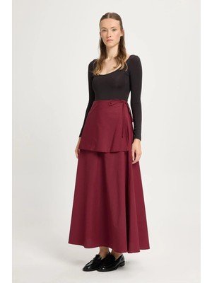Minaaise Kadın Bordo Takma Kemerli Poplin Uzun Etek 30021