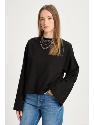 Minaaise Crop Geniş Kol Oversize Basic T-Shirt Siyah