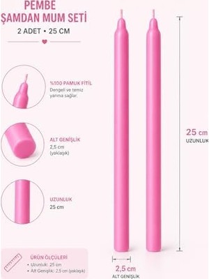 2’li Pembe Şamdan Mum Seti 25 cm – Dekoratif Ince Şamdan Mum, Kokusuz Parafin WAX,%100 Pamuk Fitil, El Döküm, Uzun Süre Yanma (~10 Saat), Şık Sofra, Davet, Nişan, Düğün ve Ev Dekorasyonu Için Zarif