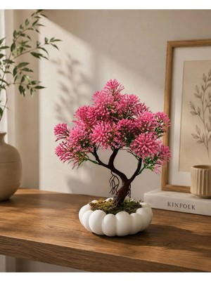 Lineva Beyaz Bubble Saksıda Yapay Pembe Kasımpatı Bonsai – Dekoratif Yapay Çiçek
