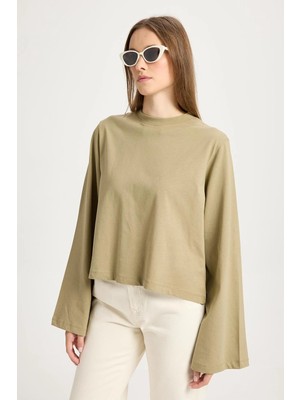 Minaaise Crop Geniş Kol Oversize Basic T-Shirt Haki