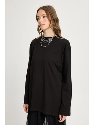 Minaaise Geniş Kol Oversize Basic T-Shirt Siyah
