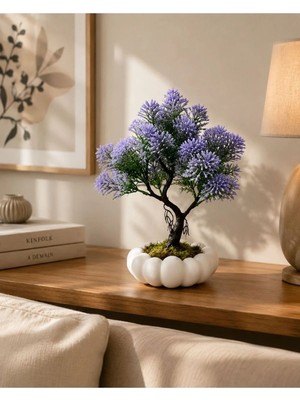 Lineva Beyaz Bubble Saksıda Yapay Mor Kasımpatı Bonsai – Dekoratif Yapay Çiçek
