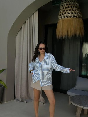 Minaaise Kadın Mavi Modal Kumaş Çizgili Oversize Transparan Gömlek 29236