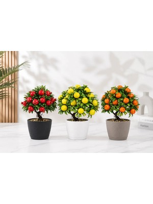 Lineva 3'lü Yapay Meyveli Bonsai Ağaç Seti Nar Limon Mandalina Plastik Saksılı Dekoratif Yapay Çiçek Ev Ofis Masa Üstü Süsü