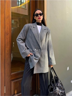 Minaaise Kadın Gri Şardonlu Poliviskon Oversize Ceket 28265