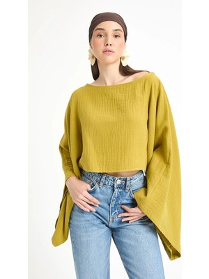 Minaaise Yağ Yeşili Oversize Kesim Müslin Bluz 29230