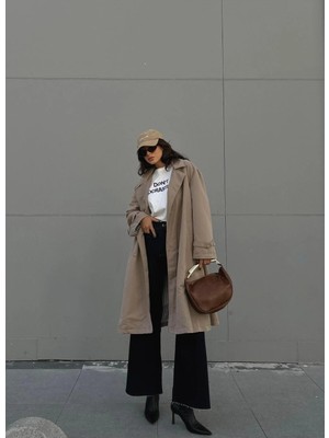Minaaise Kadın Taş Astarı Çizgi Desenli Oversize Trençkot 28119
