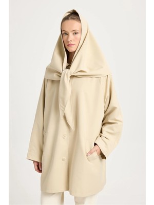 Minaaise Kadın Bej Oversize Seyyar Yakalı Astarlı Tasarım Trençkot 30009