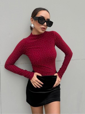 Minaaise Kadın Bordo Sandy Kumaş Taşlı Bluz 30098