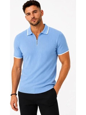 Hace Bazaar Erkek Fitilli Triko T-Shirt Polo Yaka Yarım Fermuarlı Kısa Kollu Tişört - Açık Mavi -Hcb