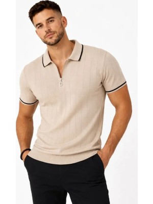 Hace Bazaar Erkek Fitilli Triko T-Shirt Polo Yaka Yarım Fermuarlı Kısa Kollu Tişört - Bej -Hcb