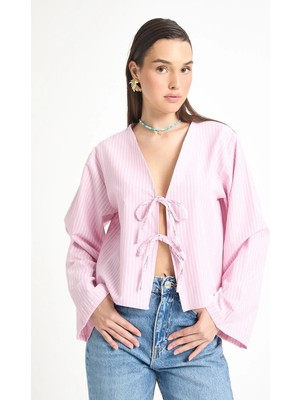 Minaaise Pembe Çizgili Poplin Kumaş Önden Bağlamalı Bluz 29276