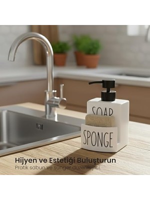 Beyaz Seramik Sıvı Sabunluk ve Süngerlik Seti | 500 ml | Mutfak ve Banyo Tezgahı Için 2'si 1 Arada | Kaymaz Tabanlı, Şık Bulaşık Sabunu Dispenseri