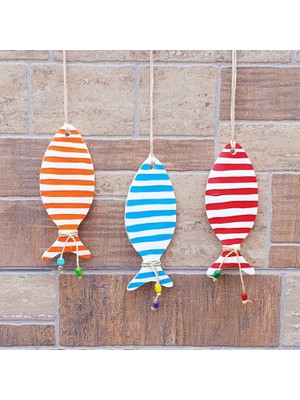 Bodrum Balık Dekoratif Duvar Süsü, Çizgili Balık, Turuncu, Mavi ve Kırmızı, 3'lü Set