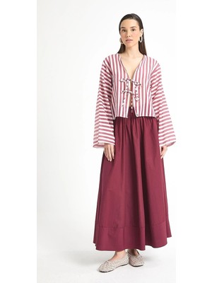 Minaaise Bordo Modal Kumaş Çizgili Önden Bağlamalı Bluz 29292