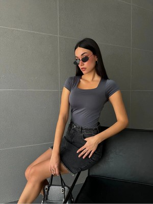 Minaaise Füme Kare Yaka Kısa Kollu Slimfit Basic Body 27174